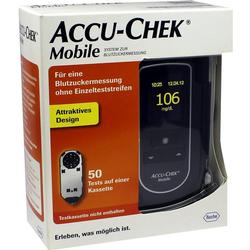 Die Verpackung zeigt ein Blutzuckermessgerät von Accu-Chek Mobile.