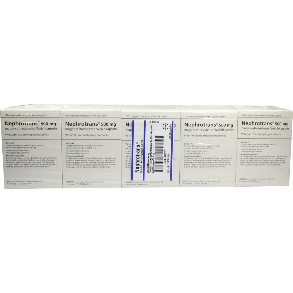 Fünf Schachteln mit Nephrotrans 500 mg Kapseln sind in einer Reihe aufgestellt.