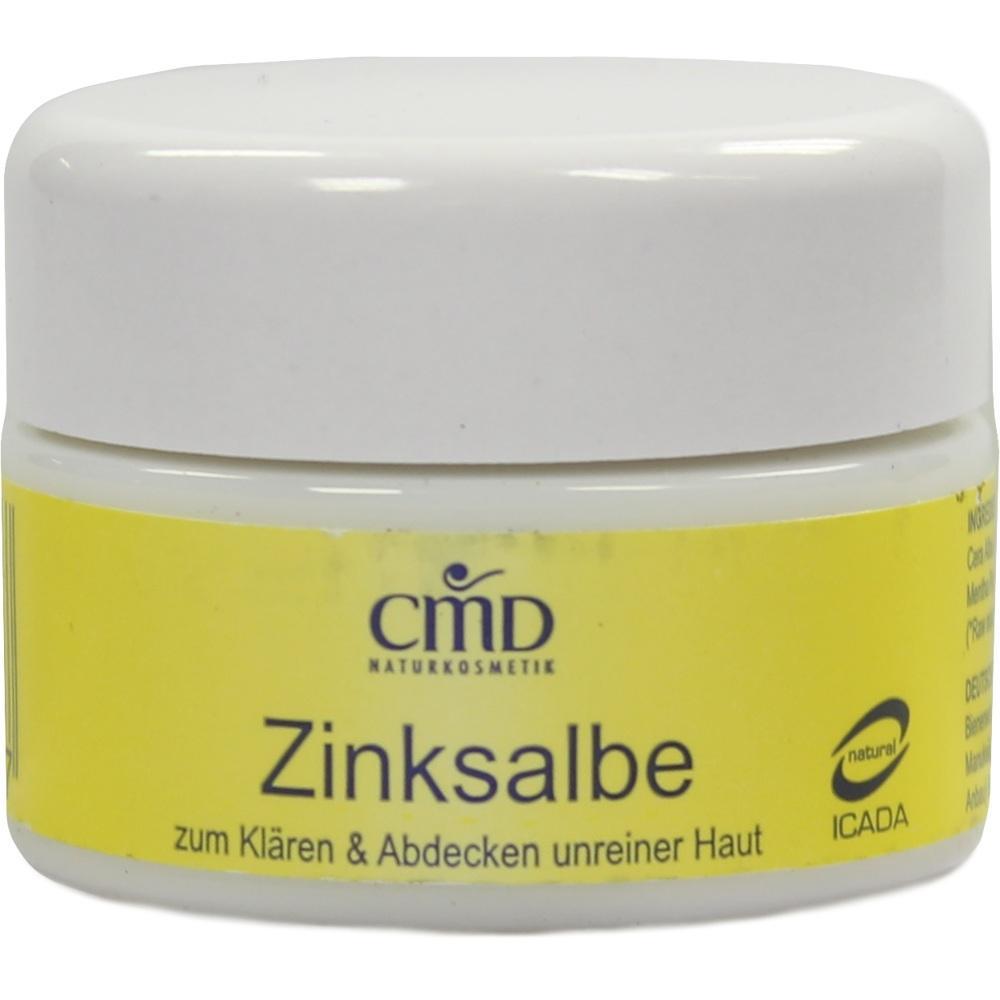Weiße Dose mit gelbem Etikett, darauf steht: CMD Zinksalbe für unreine Haut.