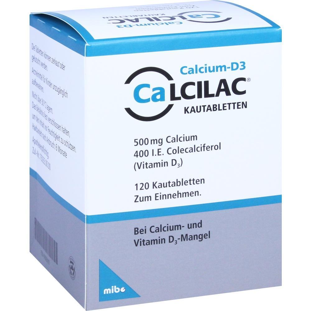 Schachtel mit Calcium-D3-Kautabletten zur Nahrungsergänzung.