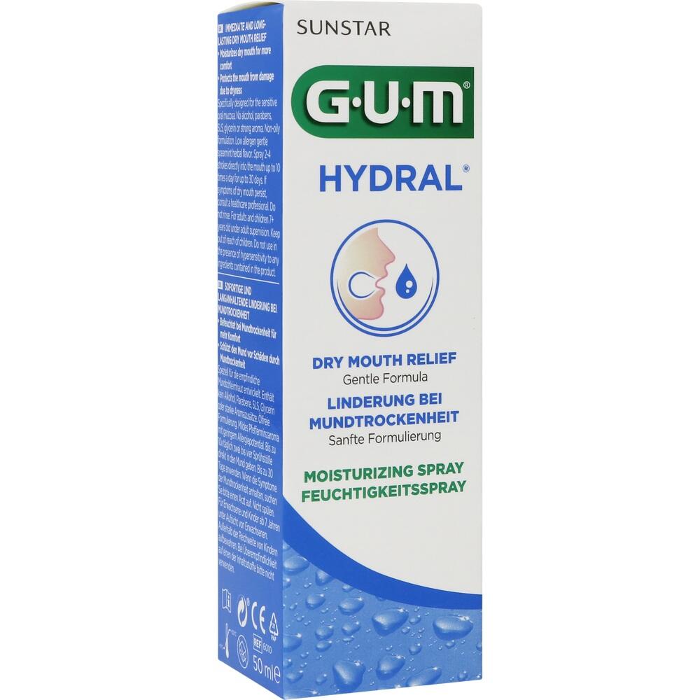 Eine Packung Mundspray mit dem Namen "GUM Hydral" für trockenen Mund.