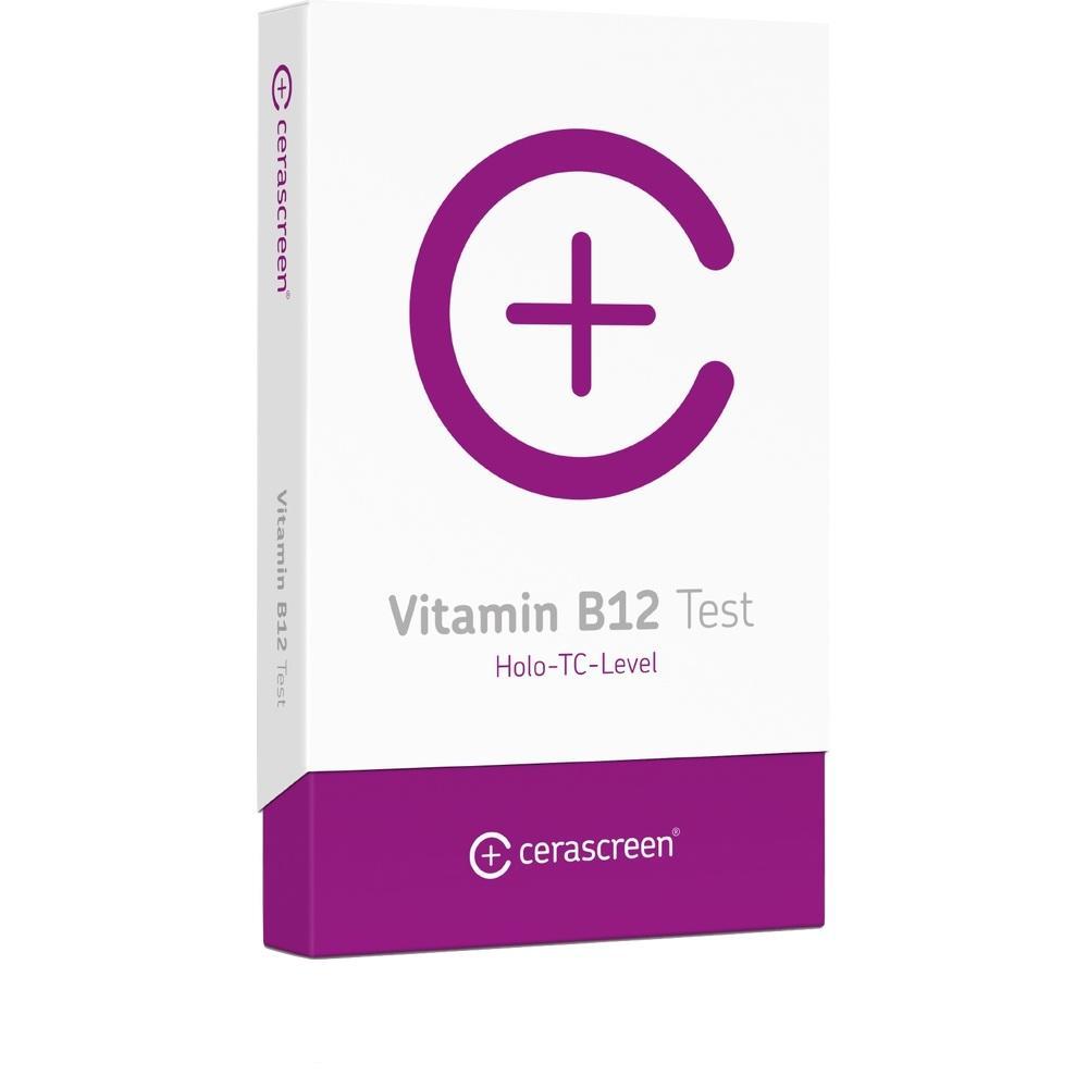 Weiße Verpackung mit lila Logo und Aufschrift "Vitamin B12 Test".