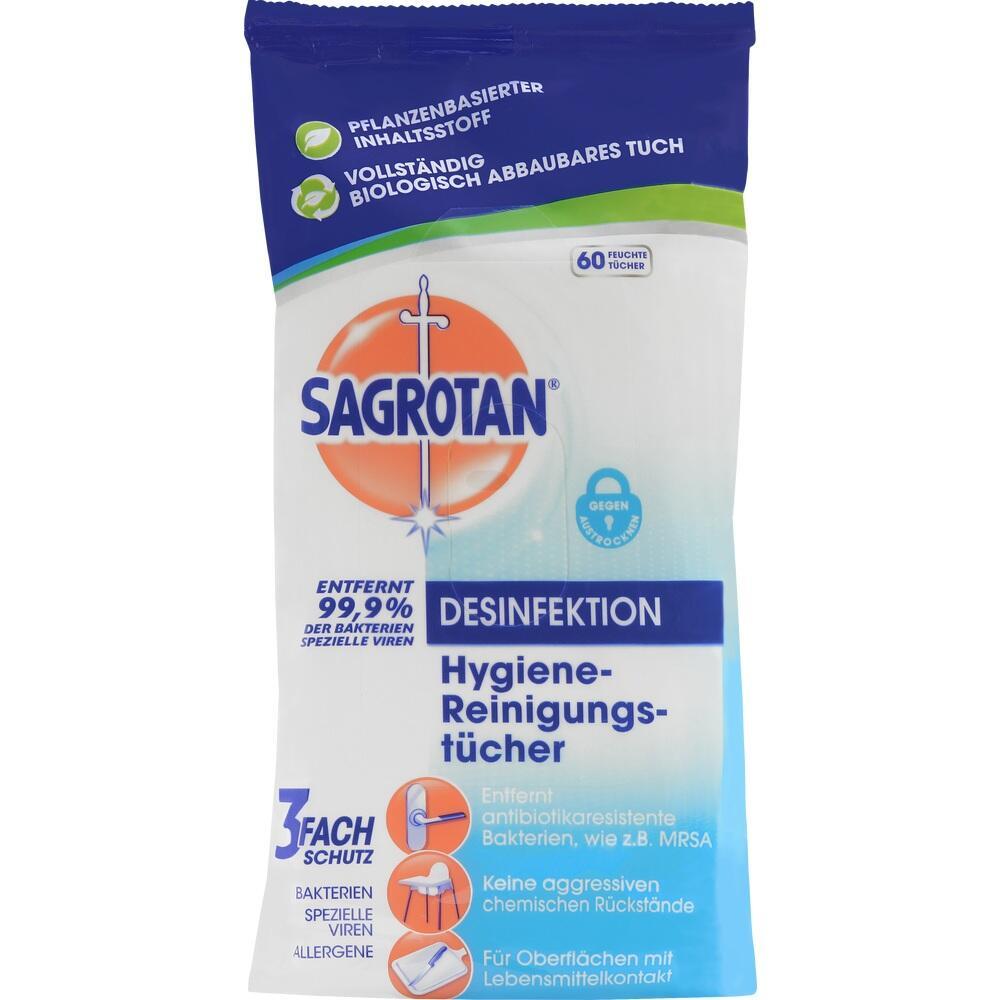 Packung Sagrotan Hygiene-Reinigungstücher zur Desinfektion von Oberflächen.