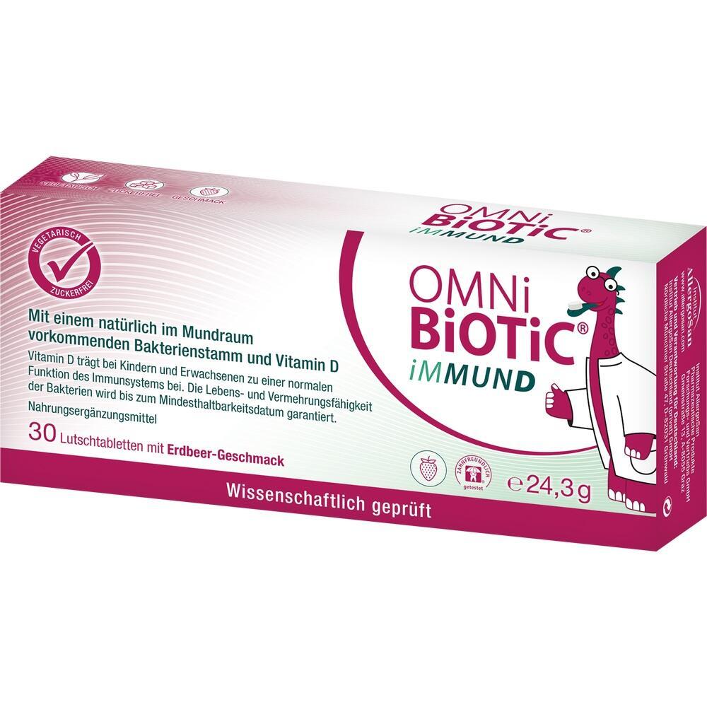 Verpackung der OMNi-BiOTiC iMMUND Lutschtabletten mit Erdbeer-Geschmack.