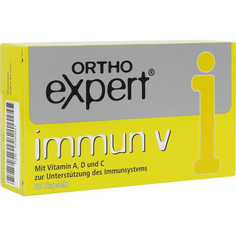 Gelbe Verpackung mit Text "Orthoexpert immun V", 60 Kapseln zur Unterstützung des Immunsystems.